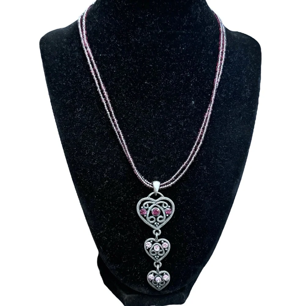 SILVER TONE 3 FILAGREE HEARTS W PURPLE CRYSTALS PENDANT ON PURPLE BEAD NECKLACE